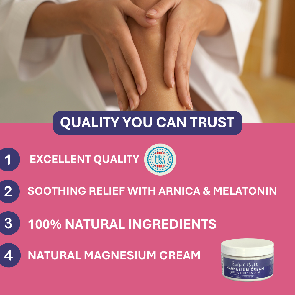 Restful Night Magnesium Cream, Apply to Arms, Legs, Chest or Back with Valerian Root & Melatonin, Lavender Scented, 4 oz, Natural Soothing Relief, Botanicals