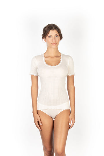 EGI Exclusive Collections Women's Merino Wool Blend Lace-Trimmed Short Sleeves T-Shirt. Proudly Made in Italy (306)