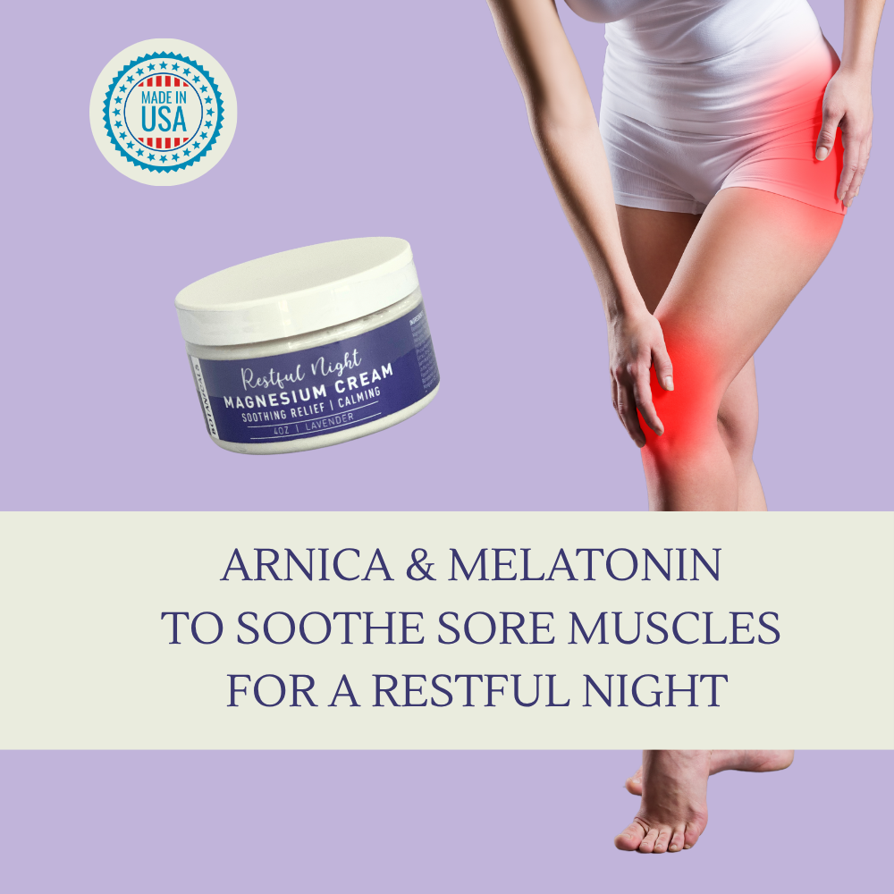 Restful Night Magnesium Cream, Apply to Arms, Legs, Chest or Back with Valerian Root & Melatonin, Lavender Scented, 4 oz, Natural Soothing Relief, Botanicals