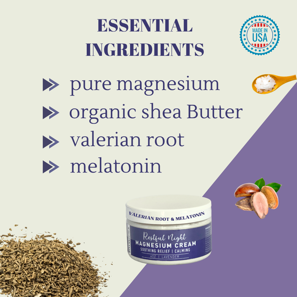 Restful Night Magnesium Cream, Apply to Arms, Legs, Chest or Back with Valerian Root & Melatonin, Lavender Scented, 4 oz, Natural Soothing Relief, Botanicals