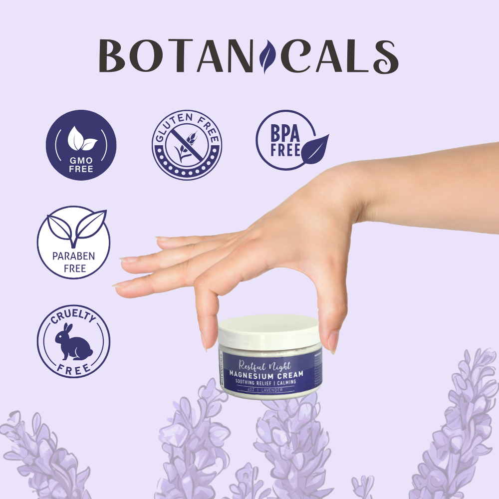 Restful Night Magnesium Cream, Apply to Arms, Legs, Chest or Back with Valerian Root & Melatonin, Lavender Scented, 4 oz, Natural Soothing Relief, Botanicals
