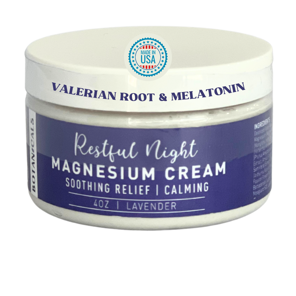 Restful Night Magnesium Cream, Apply to Arms, Legs, Chest or Back with Valerian Root & Melatonin, Lavender Scented, 4 oz, Natural Soothing Relief, Botanicals