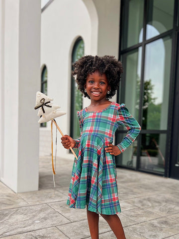 Festive Plaid Puff Sleeve Twirl Dress