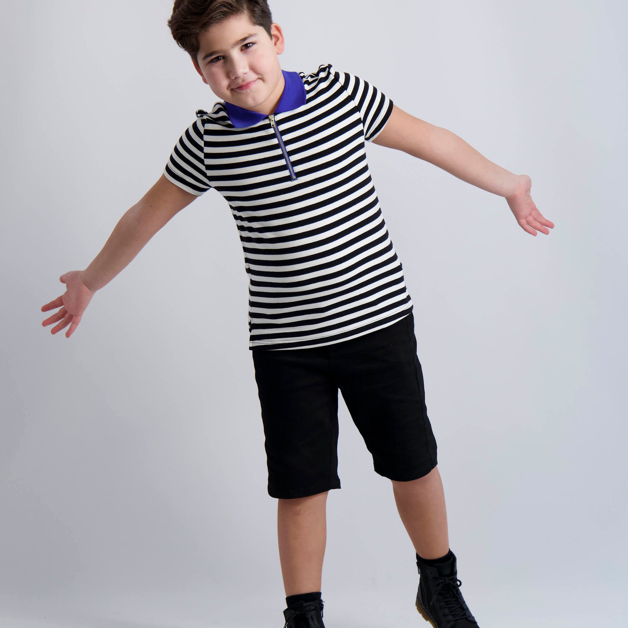 Black and White Striped Zipper Polo With Cobalt Collar