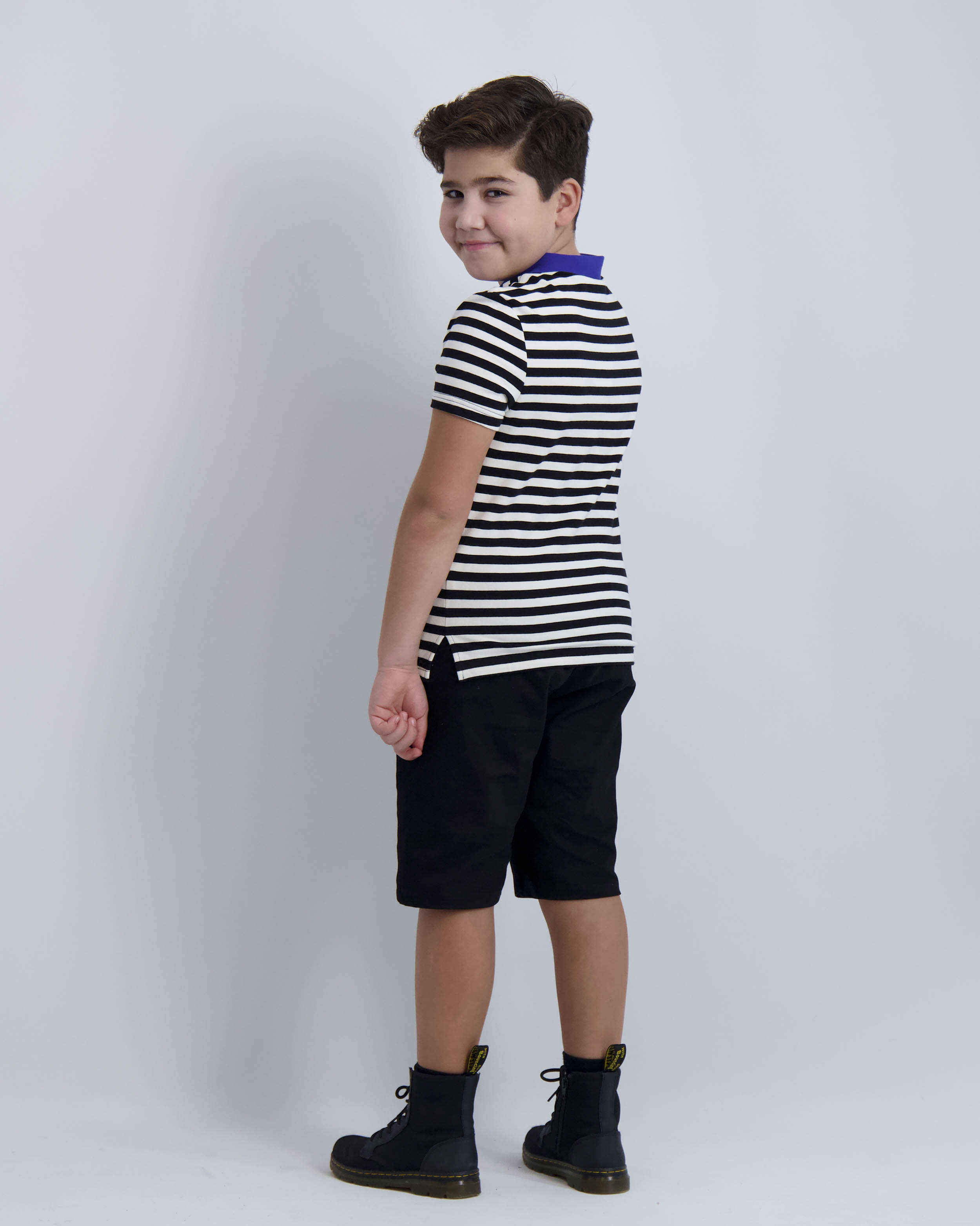 Black and White Striped Zipper Polo With Cobalt Collar