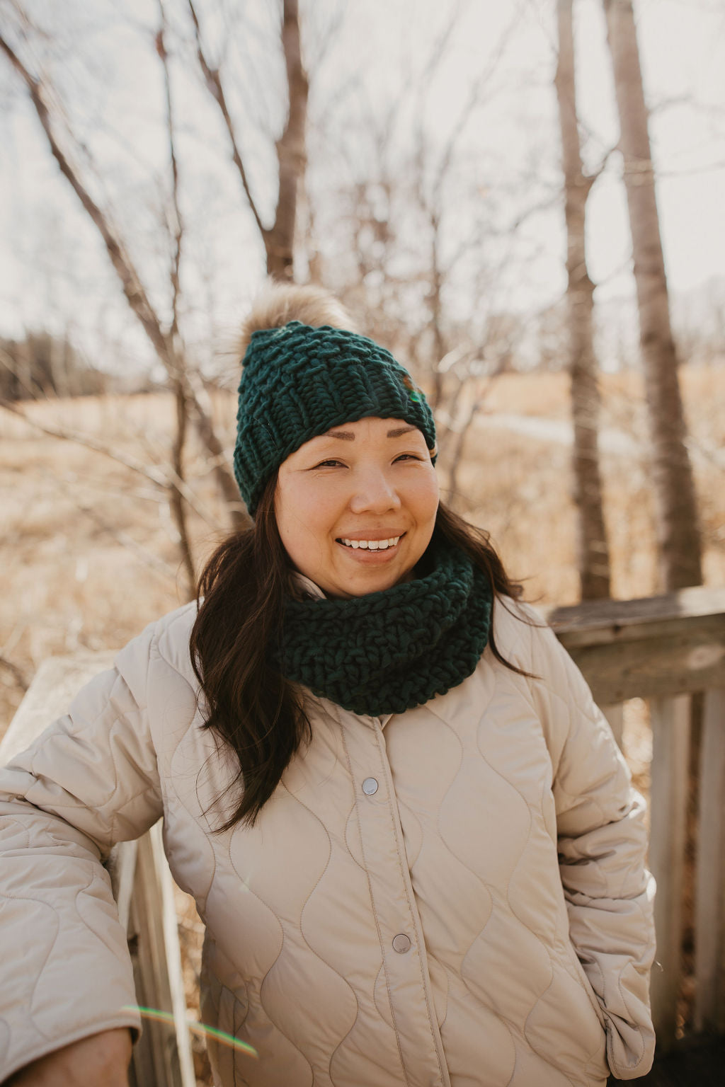 Forest Green Peruvian Wool Knit Hat with Faux Fur Pom Pom