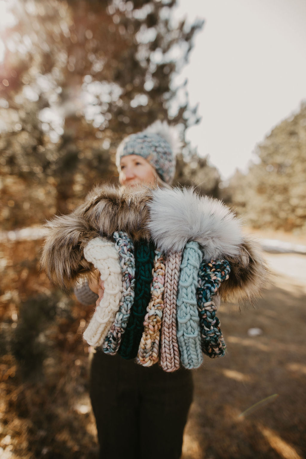 Forest Green Peruvian Wool Knit Hat with Faux Fur Pom Pom