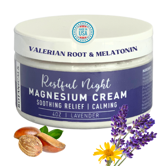 Restful Night Magnesium Cream, Apply to Arms, Legs, Chest or Back with Valerian Root & Melatonin, Lavender Scented, 4 oz, Natural Soothing Relief, Botanicals
