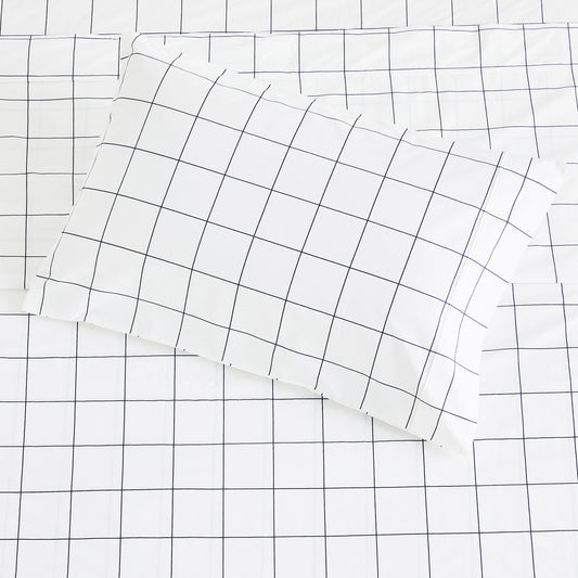 Grid Printed Cotton Percale Sheet Set