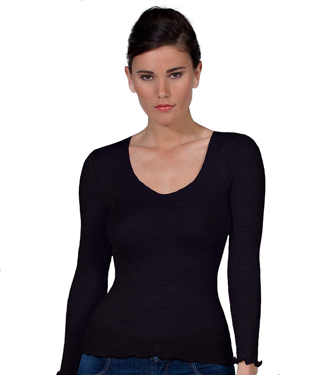 EGI Luxury Wool Silk V-Neck Long Sleeve Top. Proudly Made in Italy.