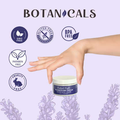 Restful Night Magnesium Cream, Apply to Arms, Legs, Chest or Back with Valerian Root & Melatonin, Lavender Scented, 4 oz, Natural Soothing Relief, Botanicals