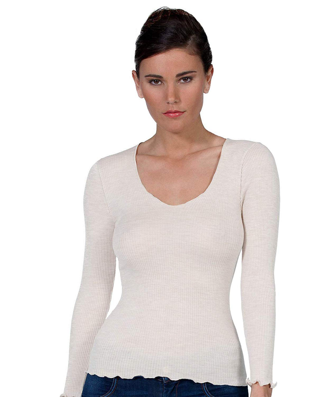 EGI Luxury Wool Silk V-Neck Long Sleeve Top. Proudly Made in Italy.