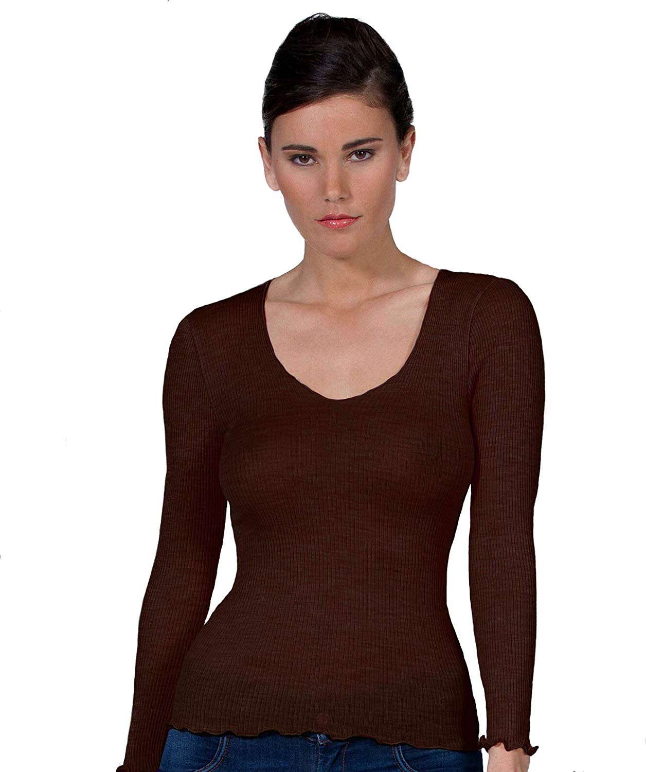 EGI Luxury Wool Silk V-Neck Long Sleeve Top. Proudly Made in Italy.