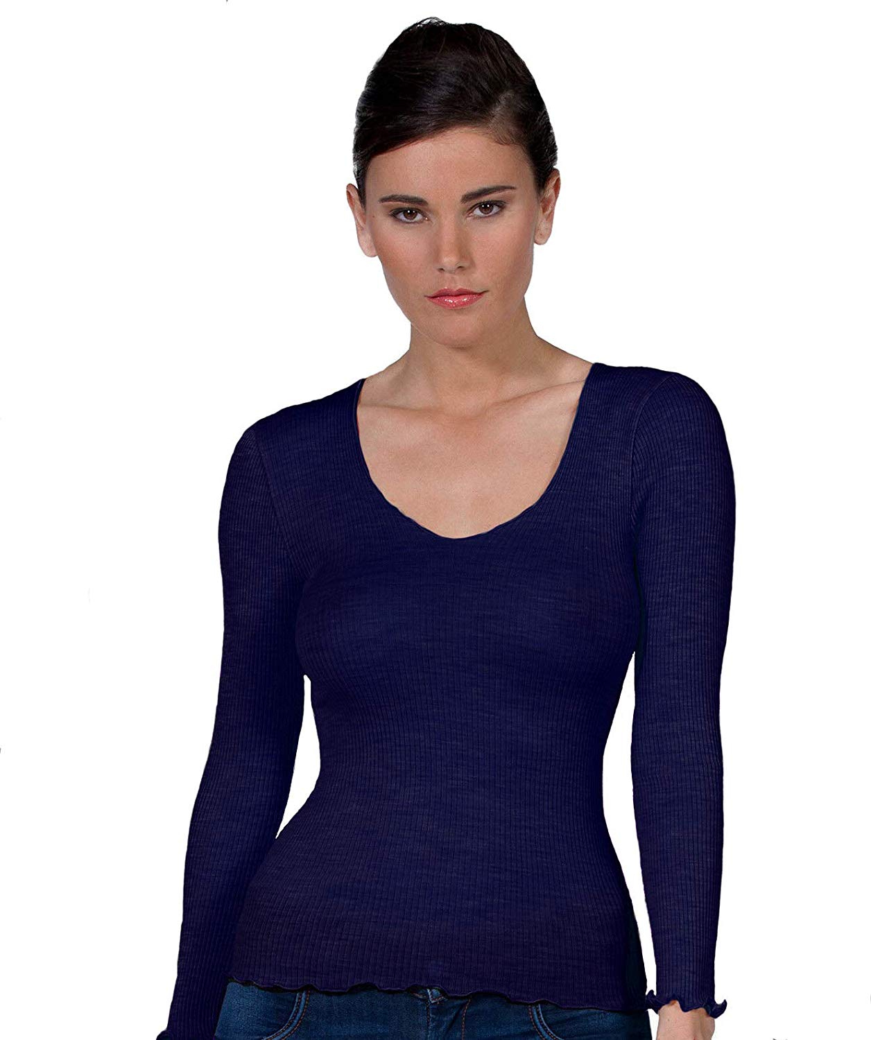 EGI Luxury Wool Silk V-Neck Long Sleeve Top. Proudly Made in Italy.