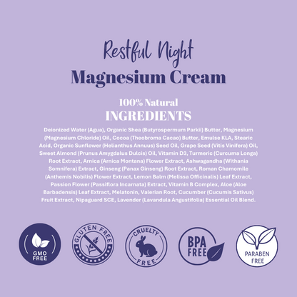 Restful Night Magnesium Cream, Apply to Arms, Legs, Chest or Back with Valerian Root & Melatonin, Lavender Scented, 4 oz, Natural Soothing Relief, Botanicals