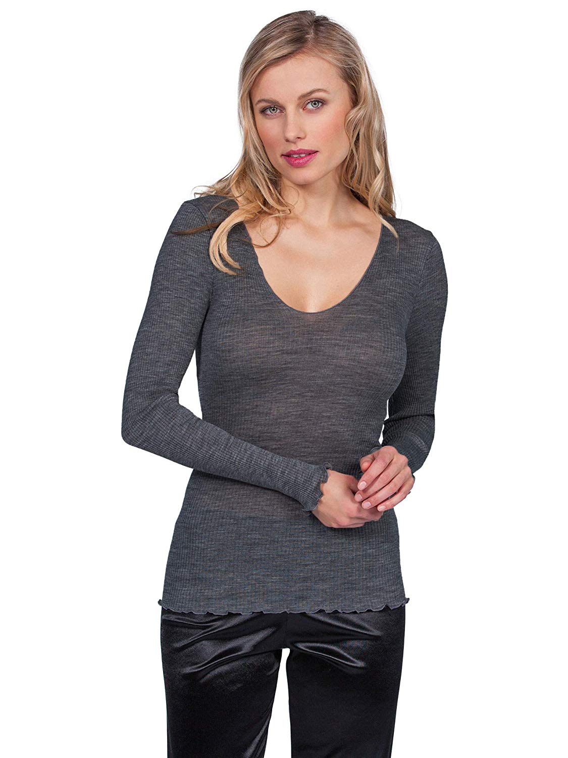 EGI Luxury Wool Silk V-Neck Long Sleeve Top. Proudly Made in Italy.