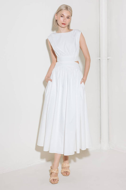 CHASING PEACE IN WHITE WOVEN MIDI DRESS