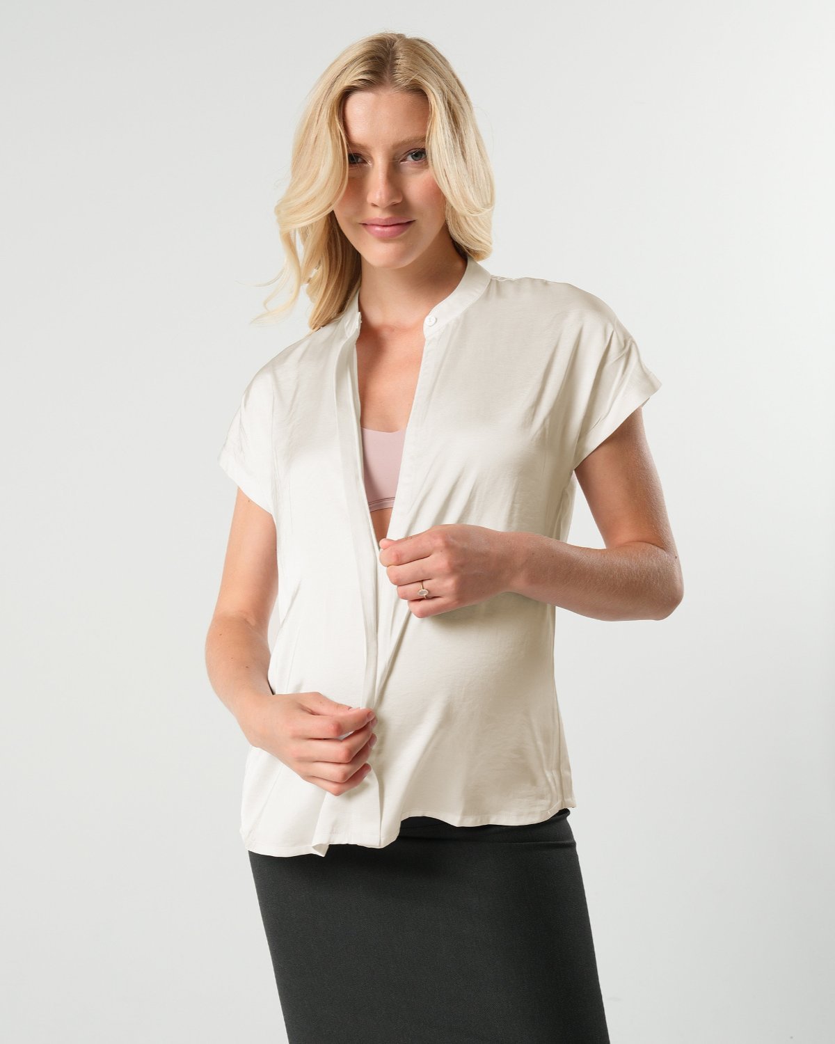 Short Sleeve Satin Maternity Shell Top with Concealed Nursing Zip