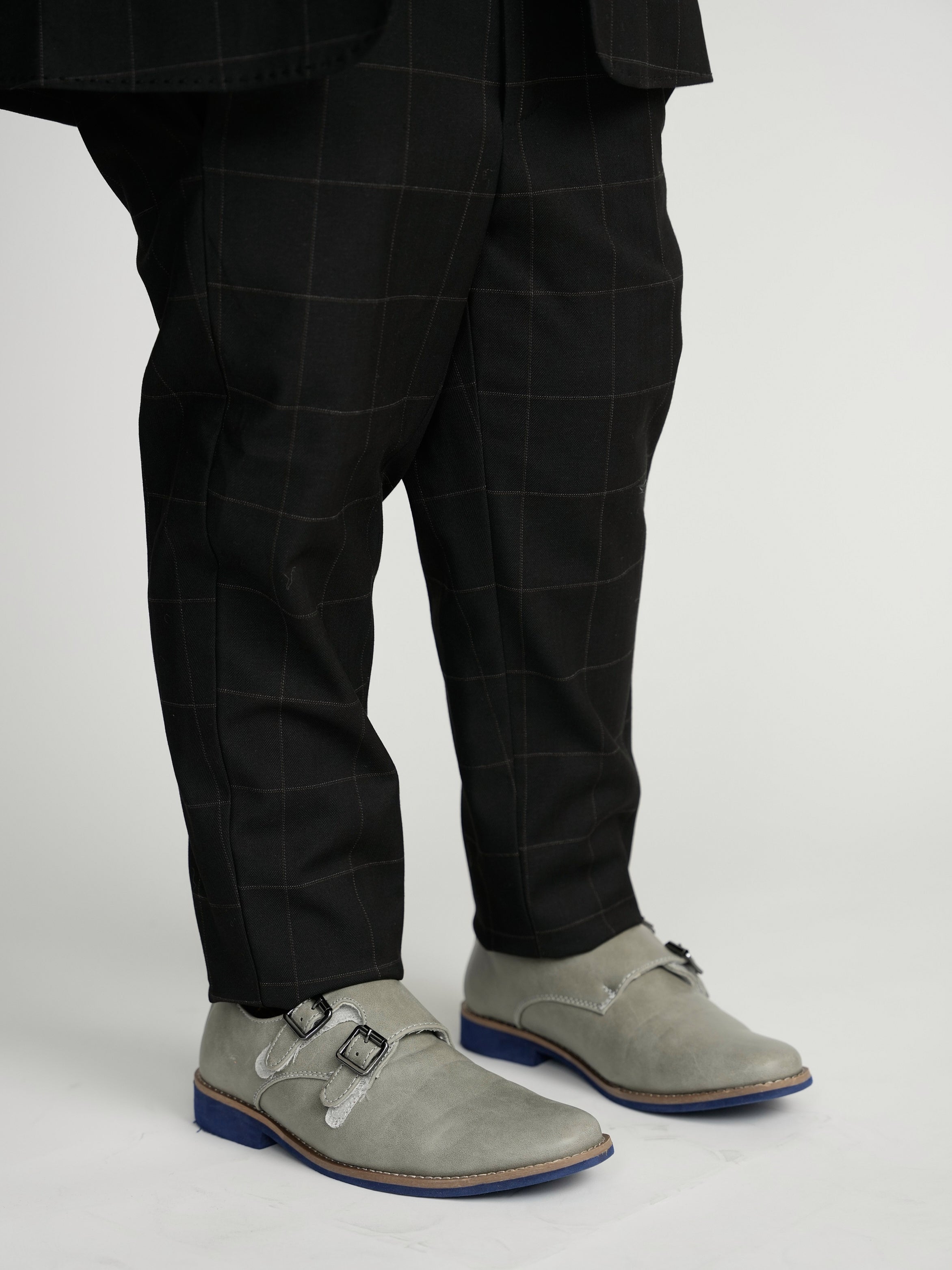 Black Windowpane Double Buckle Dress Pants