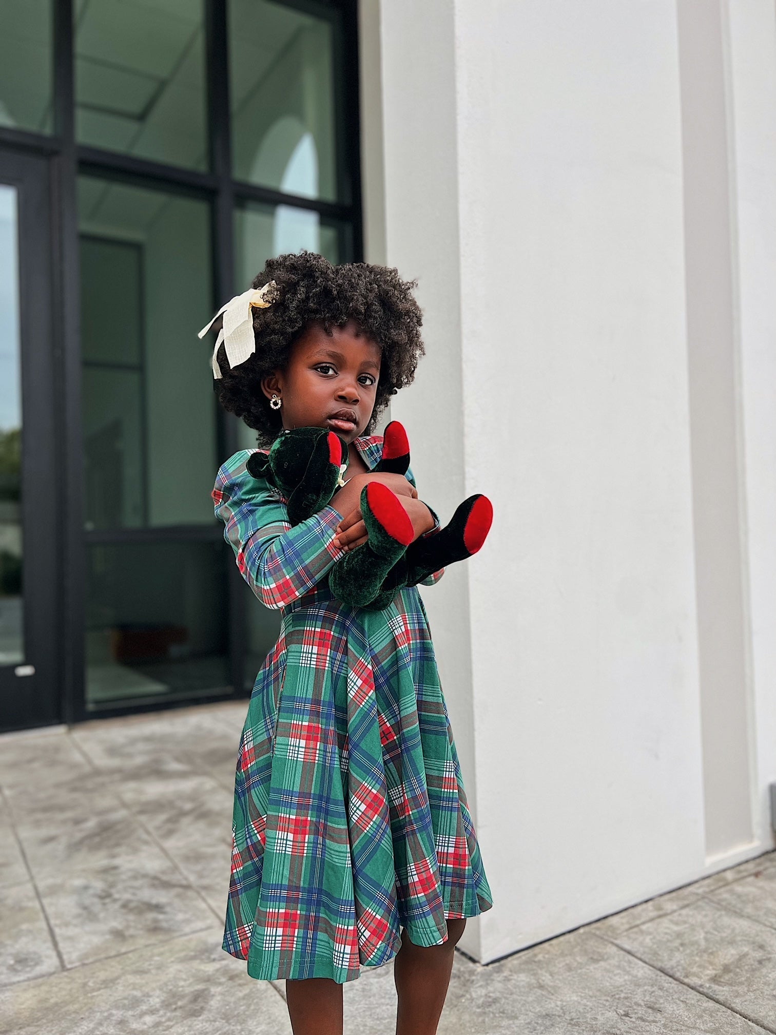 Festive Plaid Puff Sleeve Twirl Dress