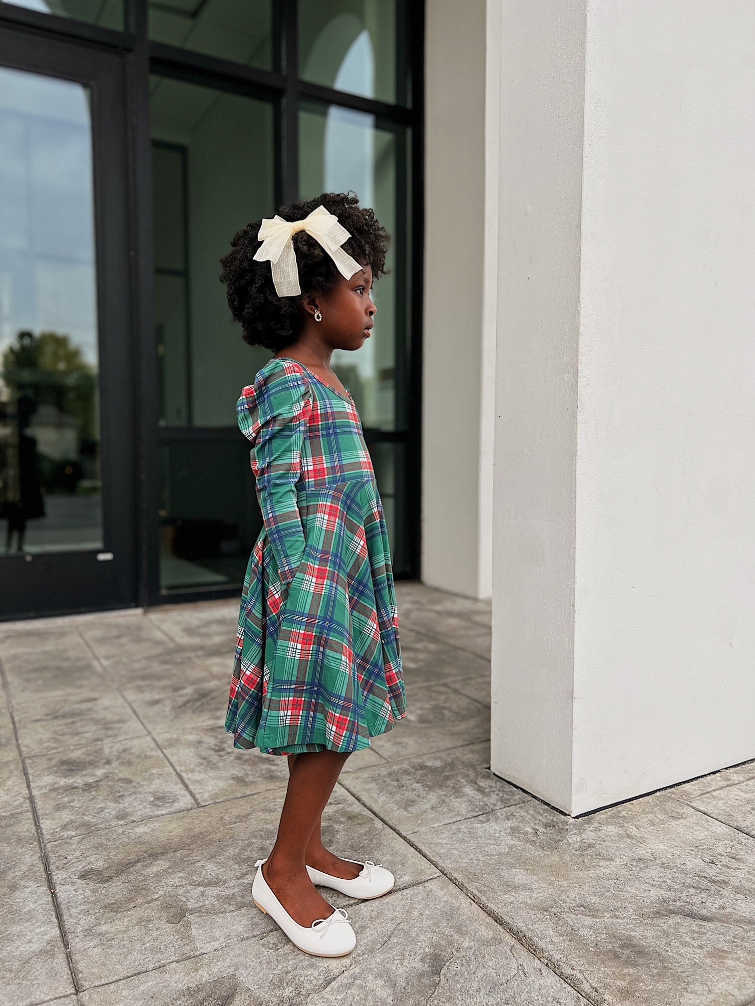 Festive Plaid Puff Sleeve Twirl Dress
