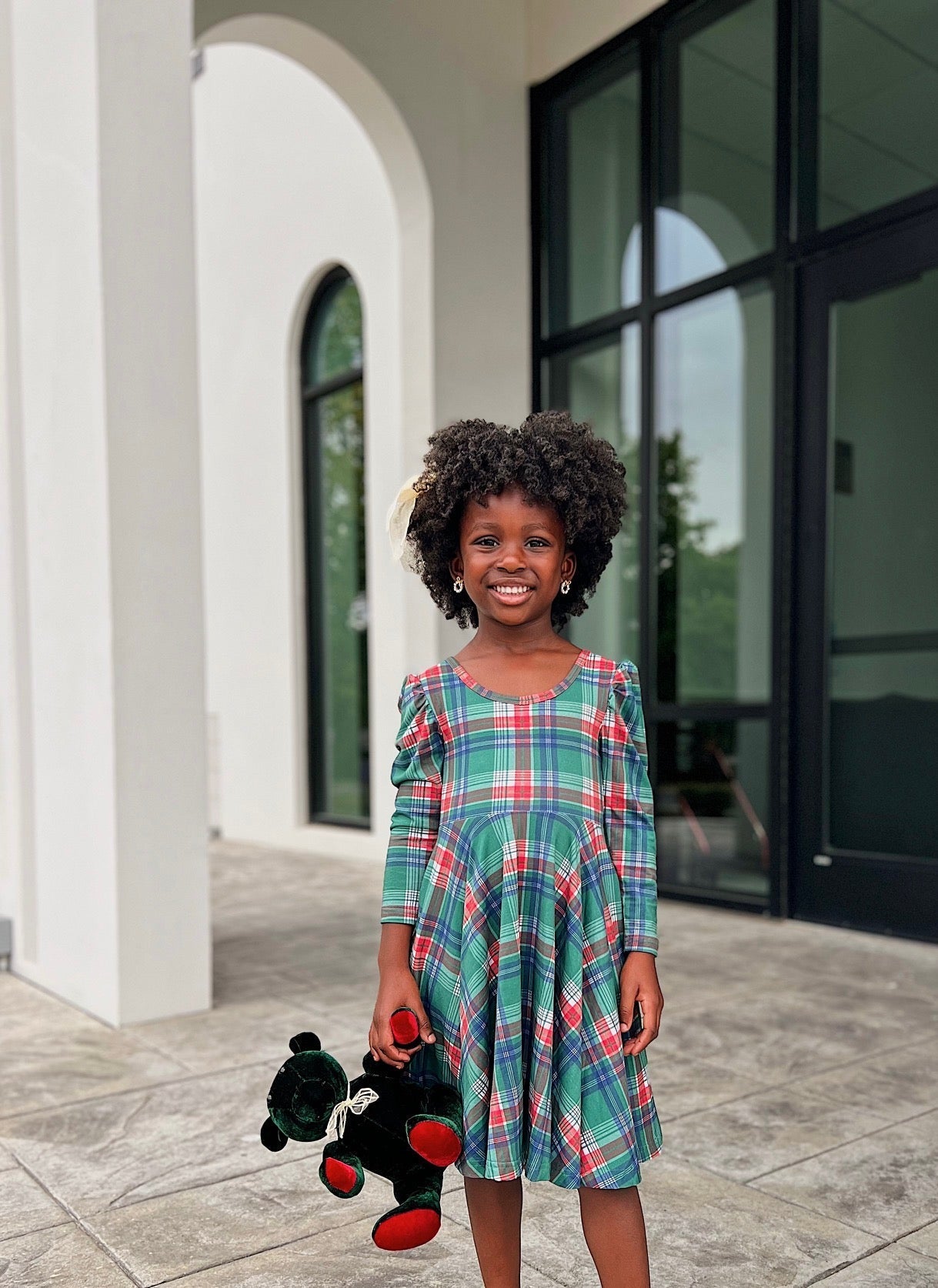 Festive Plaid Puff Sleeve Twirl Dress