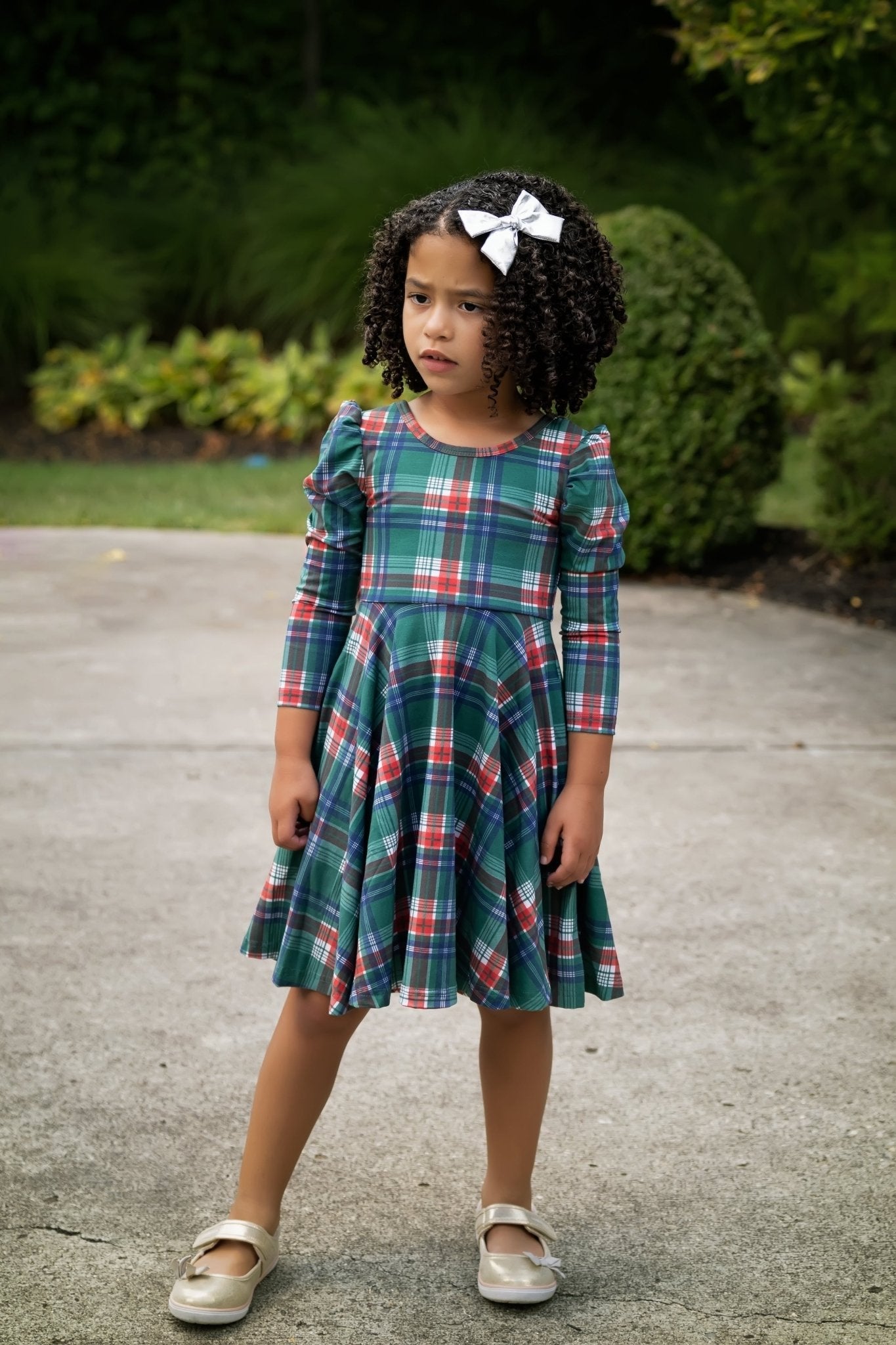 Festive Plaid Puff Sleeve Twirl Dress