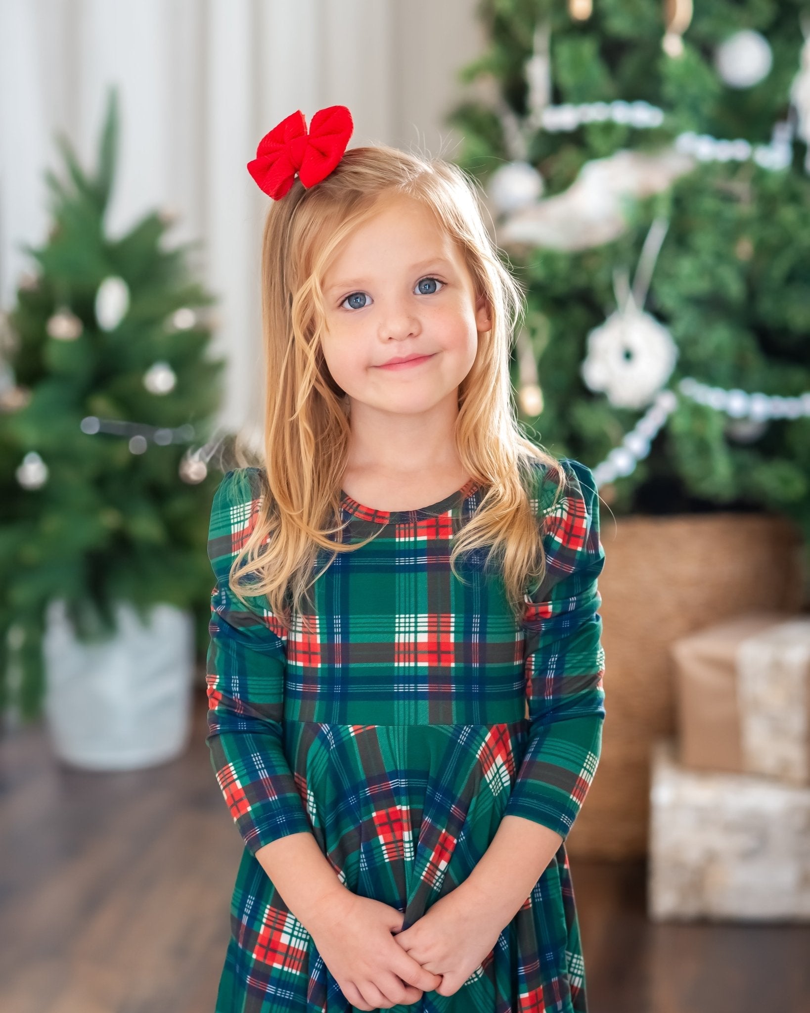Festive Plaid Puff Sleeve Twirl Dress