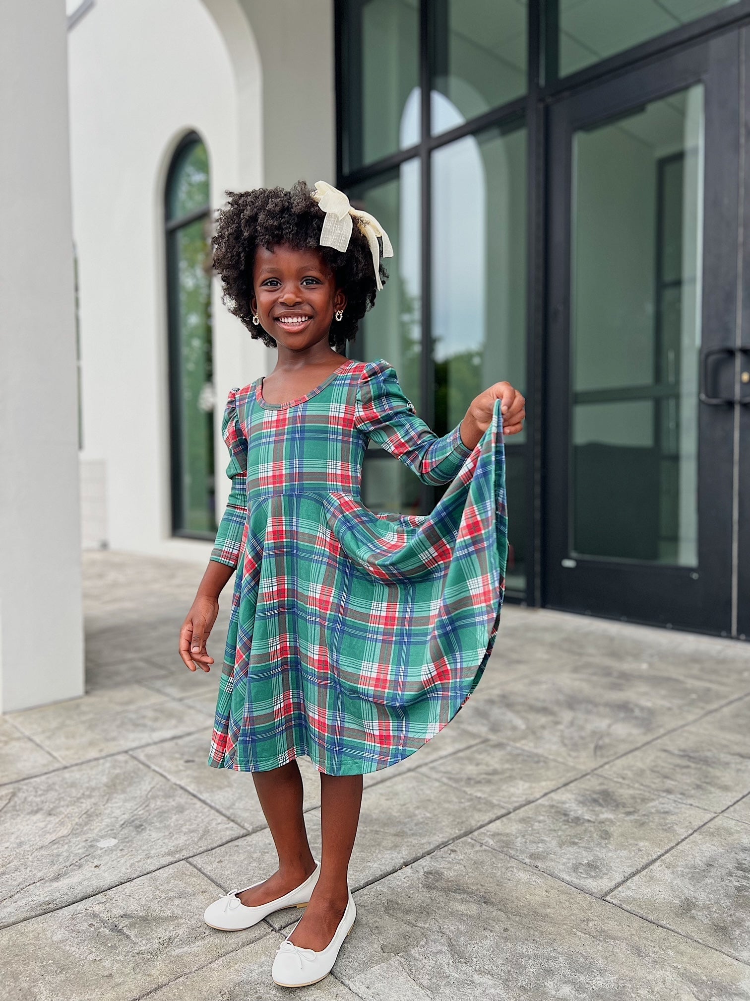 Festive Plaid Puff Sleeve Twirl Dress