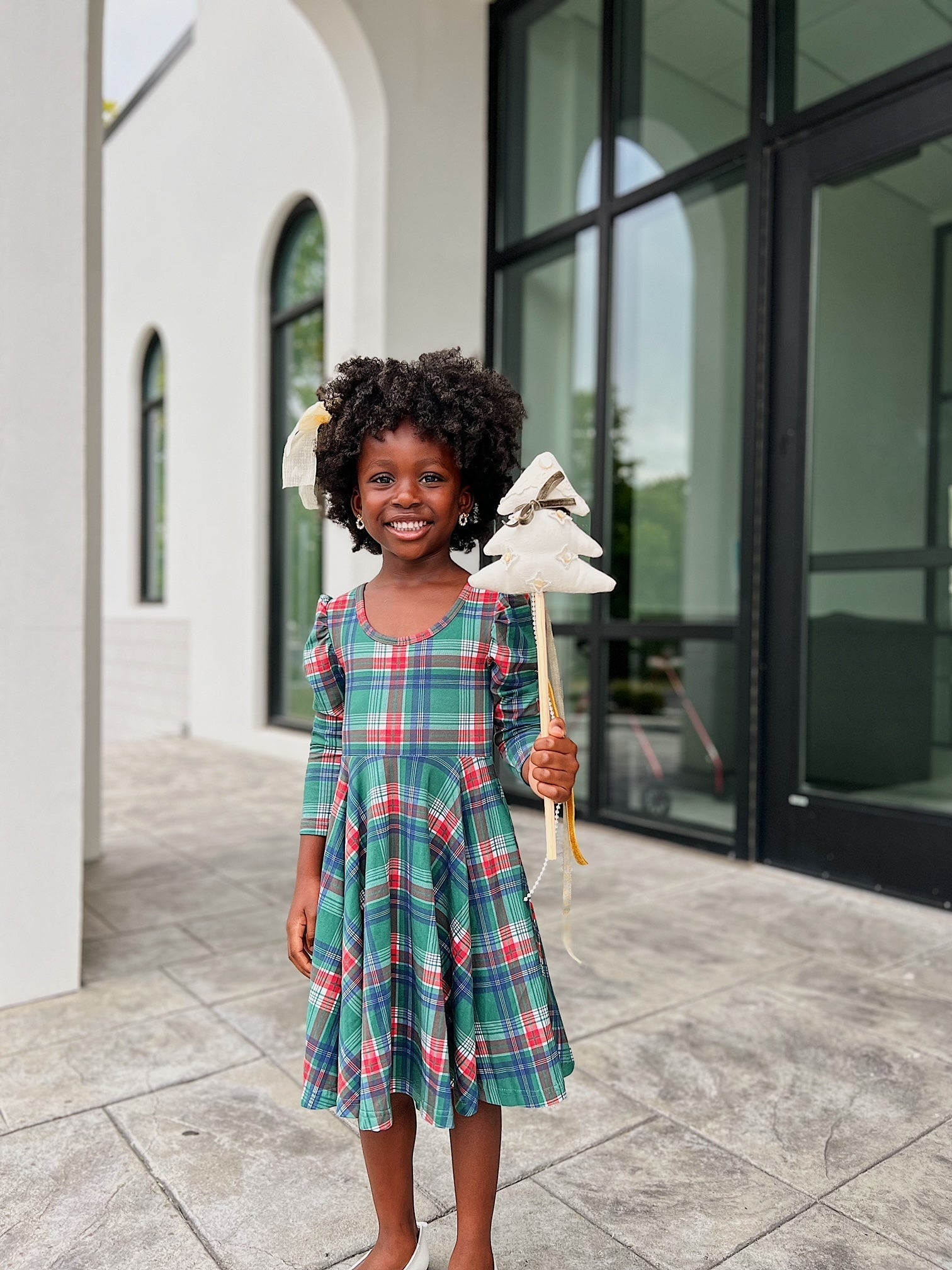 Festive Plaid Puff Sleeve Twirl Dress