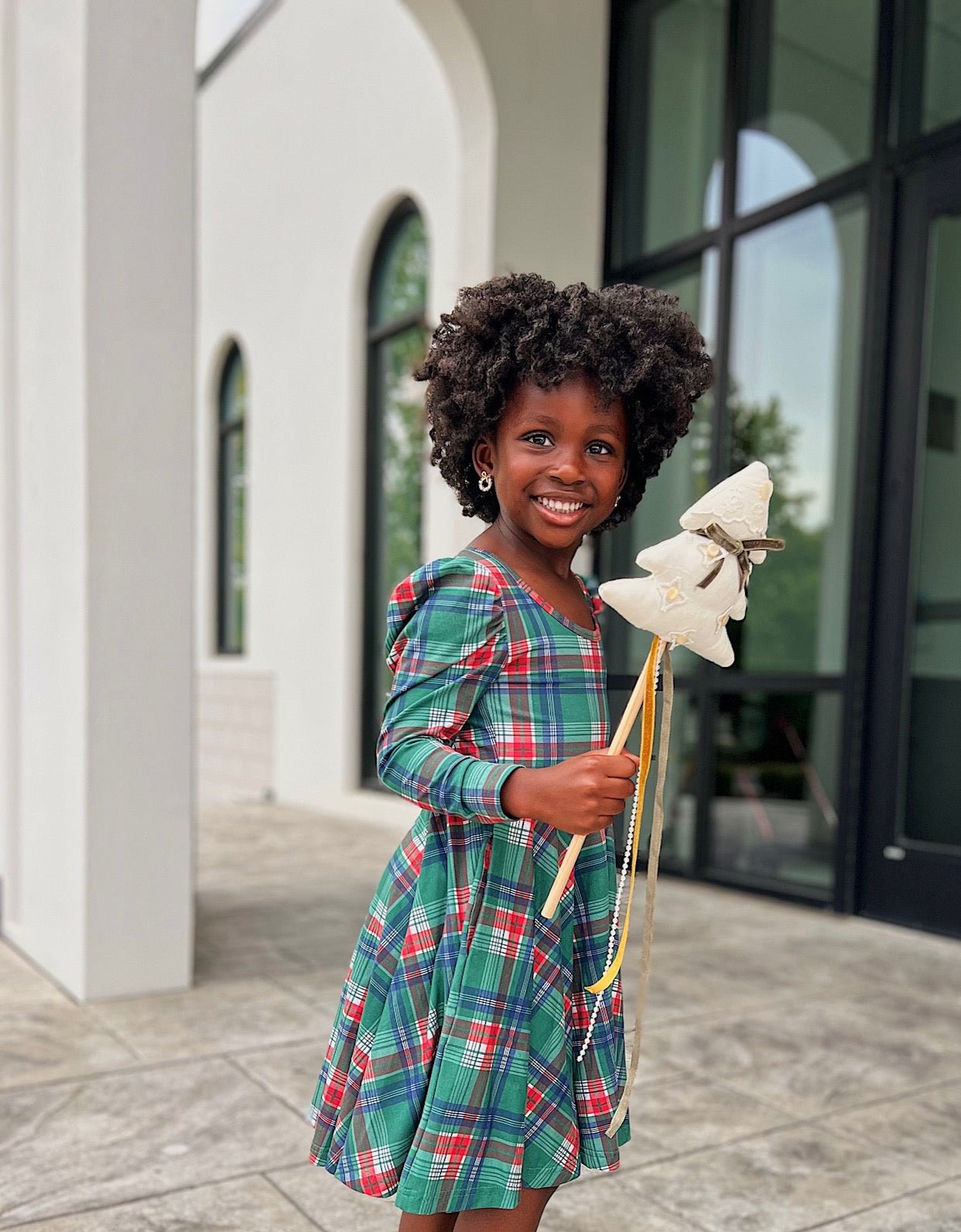 Festive Plaid Puff Sleeve Twirl Dress