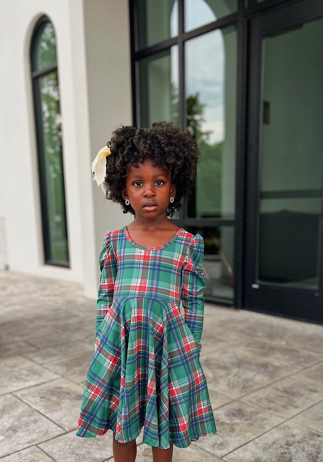 Festive Plaid Puff Sleeve Twirl Dress