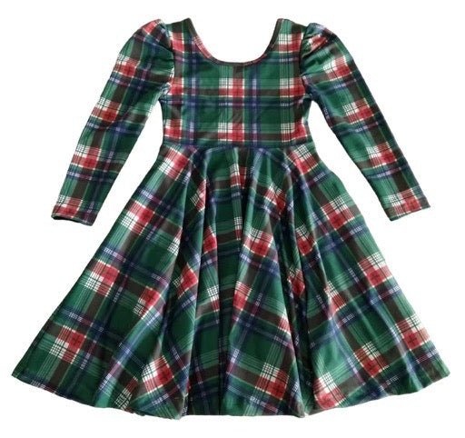 Festive Plaid Puff Sleeve Twirl Dress