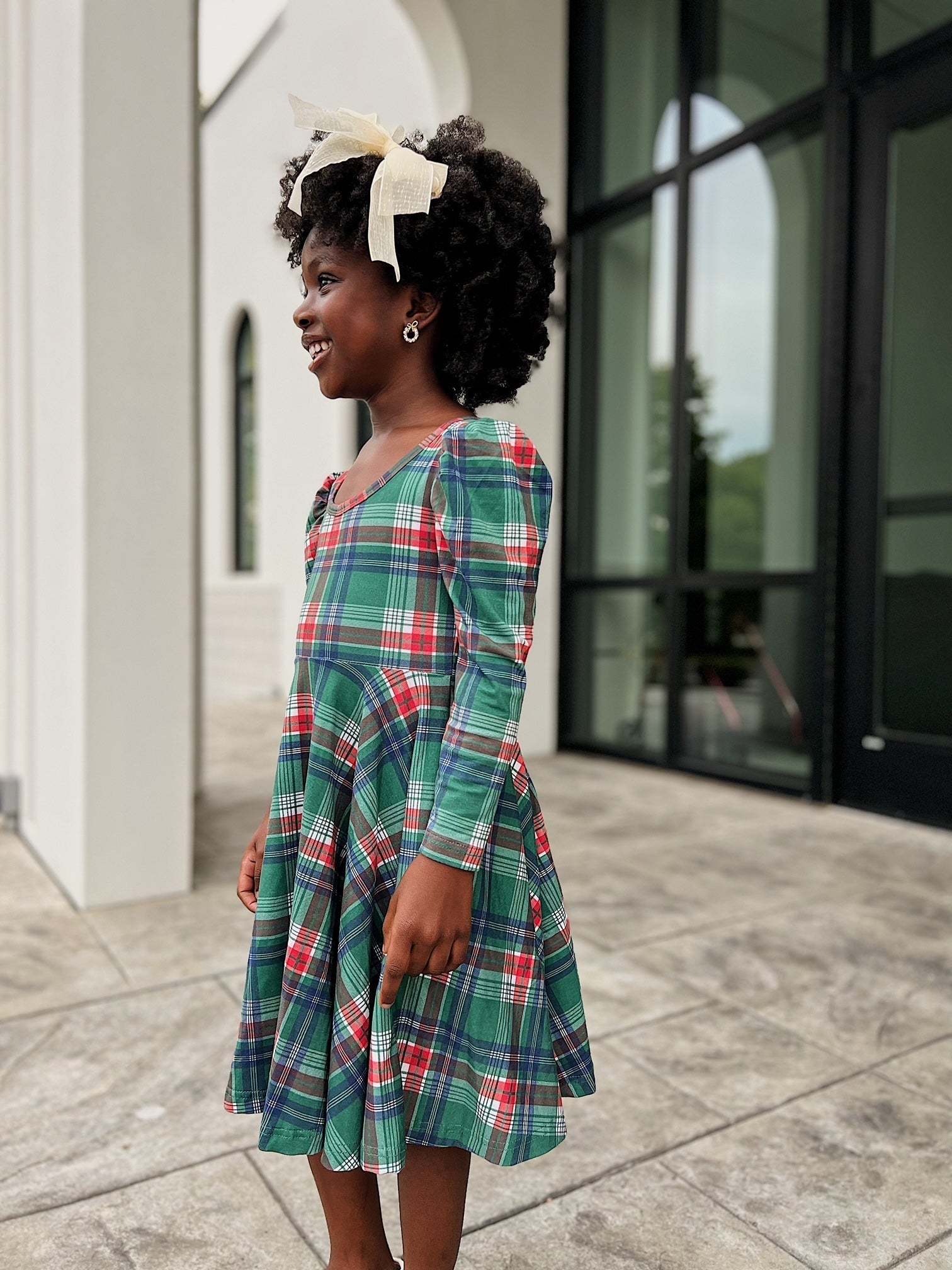 Festive Plaid Puff Sleeve Twirl Dress