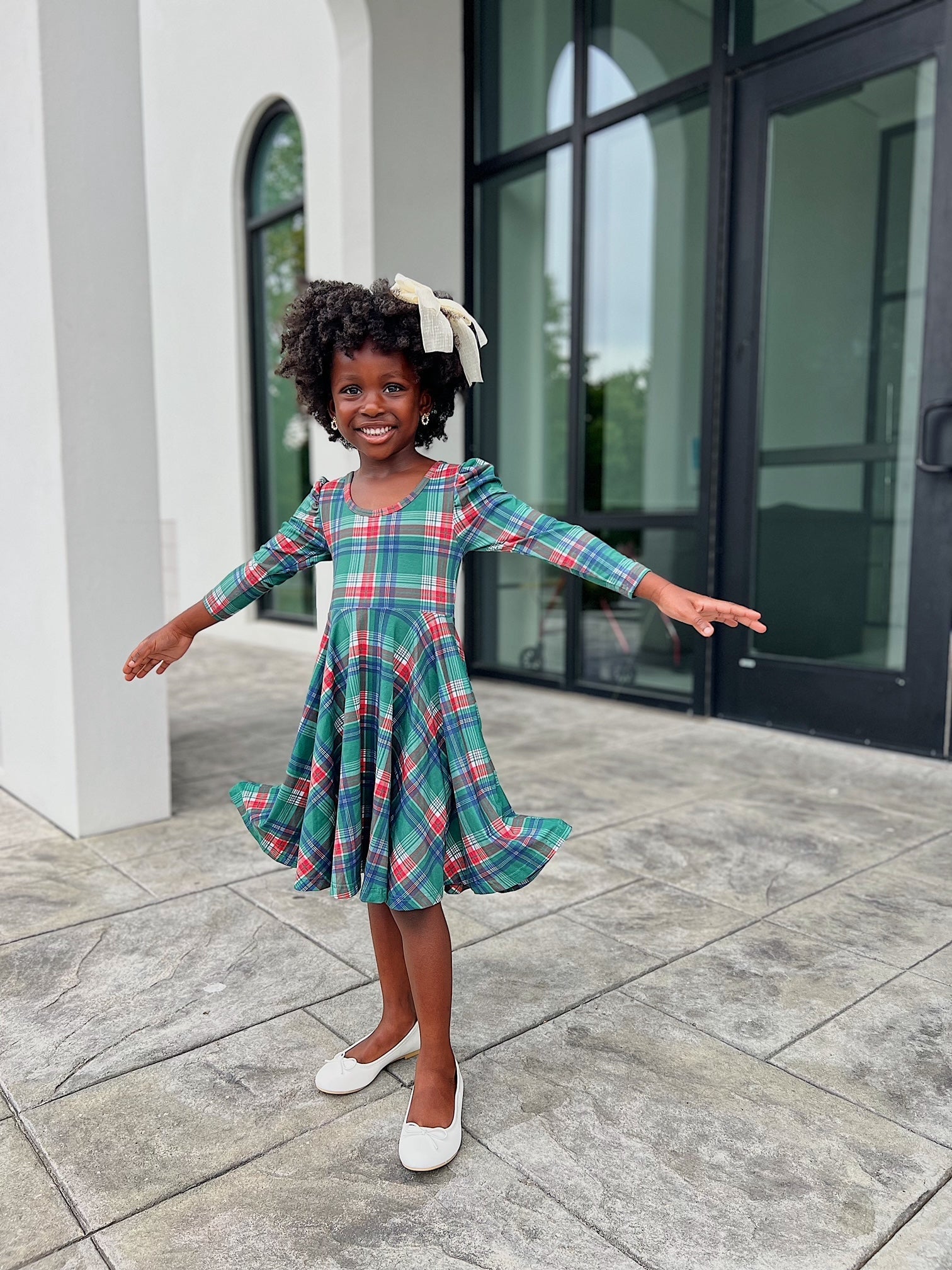 Festive Plaid Puff Sleeve Twirl Dress