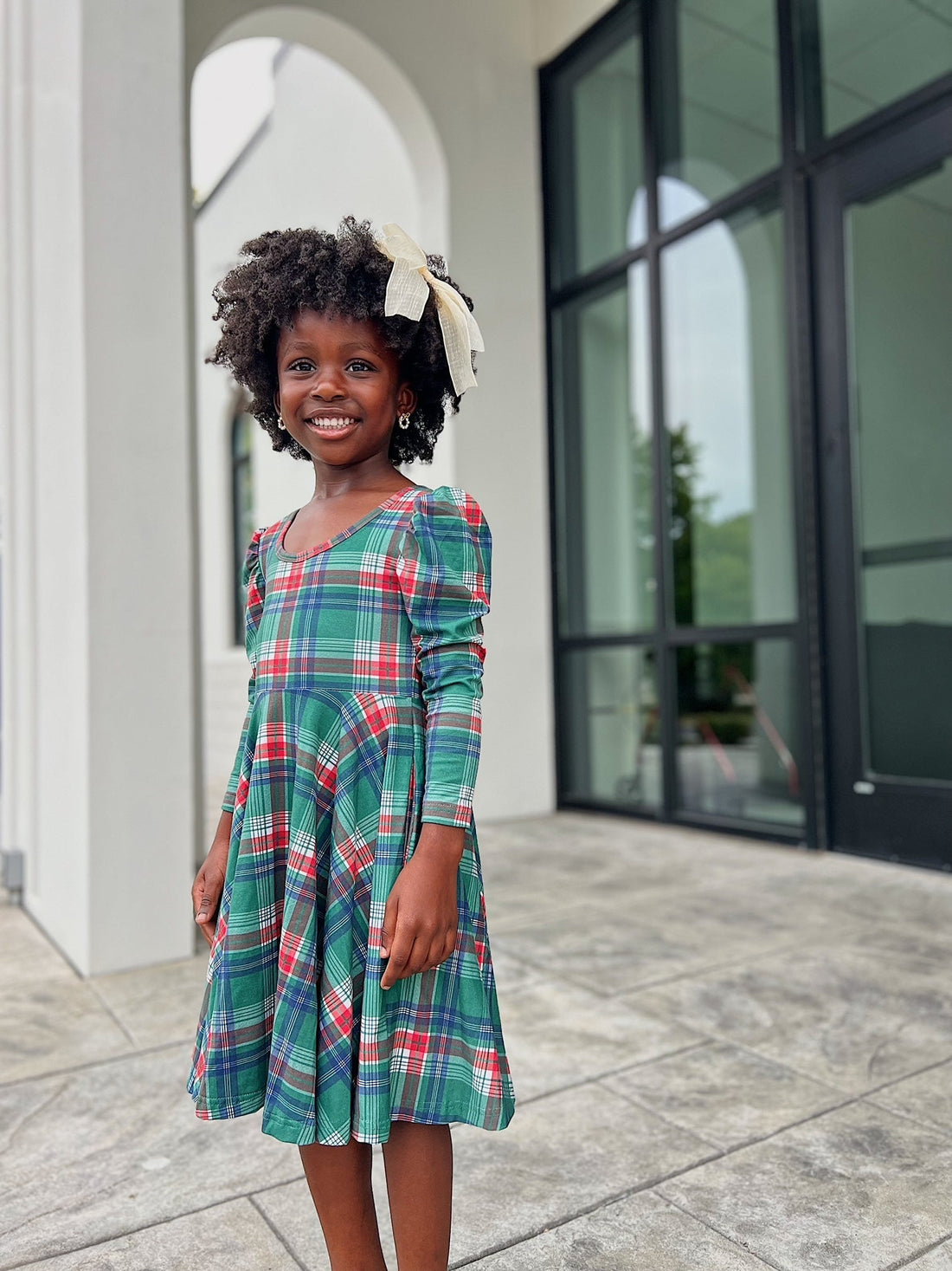 Festive Plaid Puff Sleeve Twirl Dress