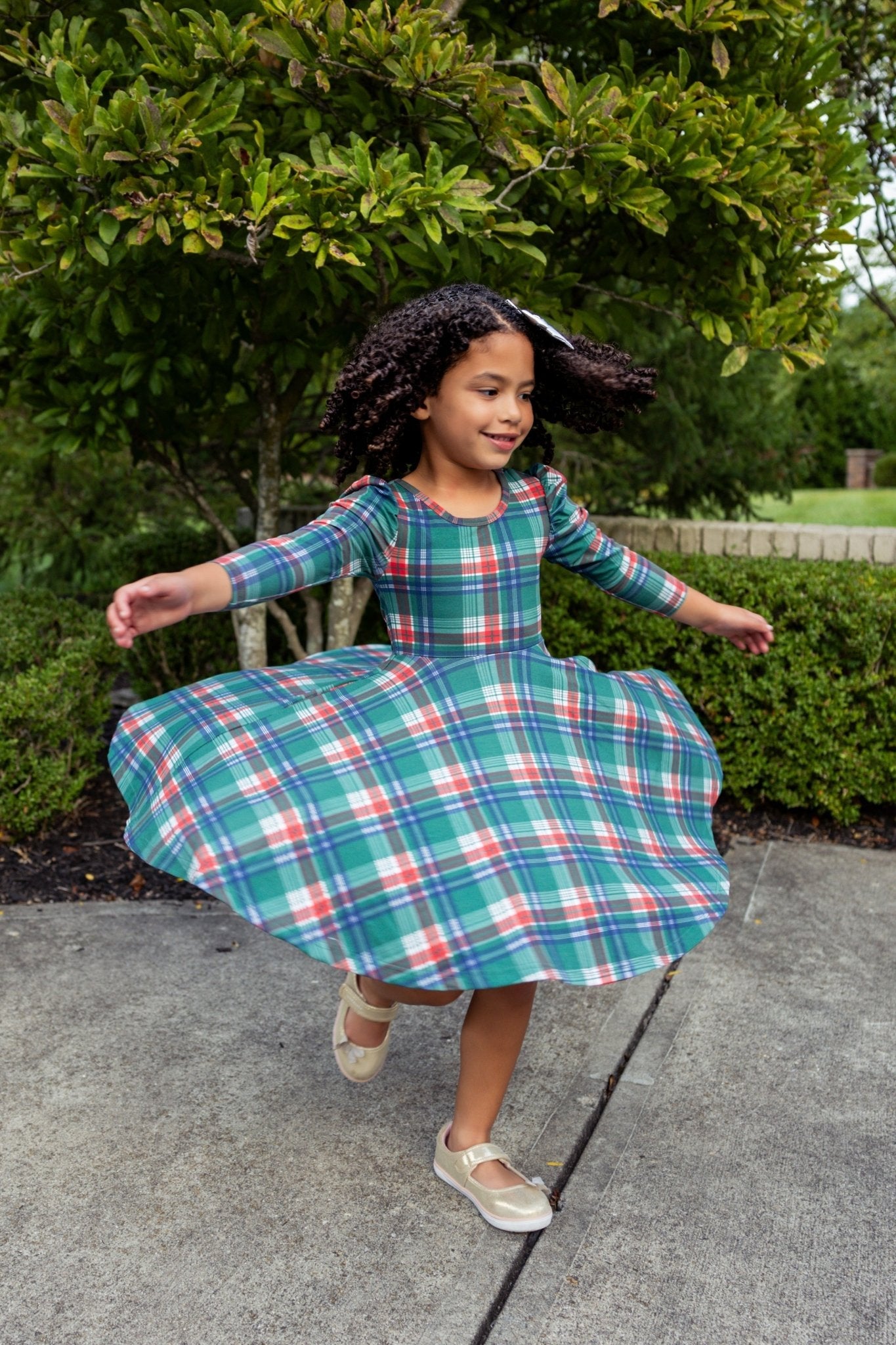 Festive Plaid Puff Sleeve Twirl Dress