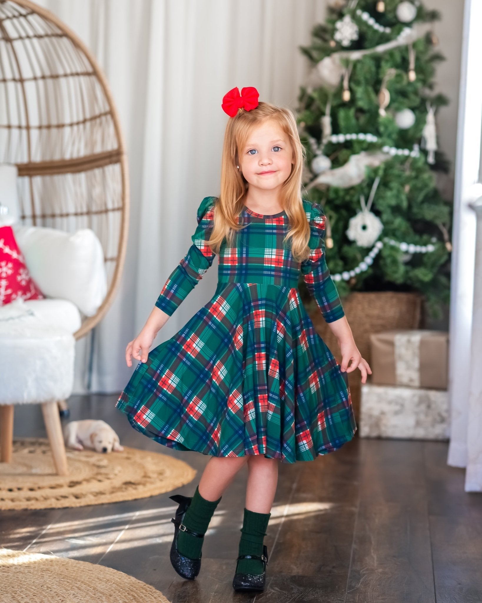 Festive Plaid Puff Sleeve Twirl Dress