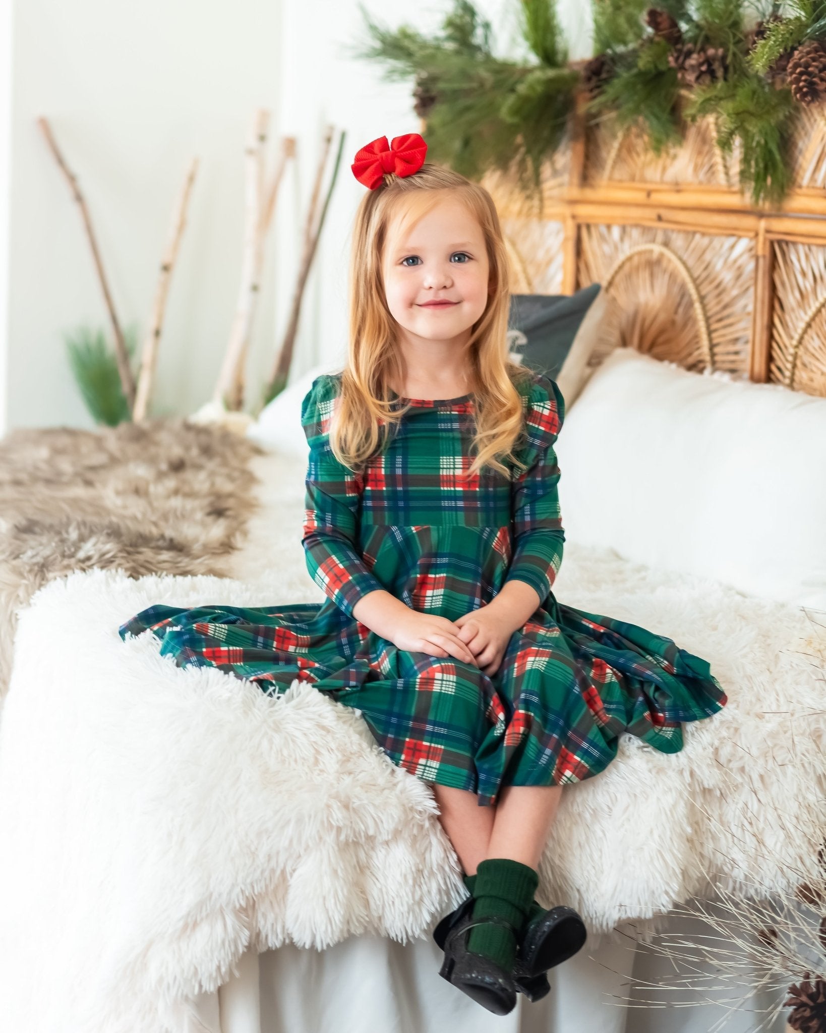 Festive Plaid Puff Sleeve Twirl Dress