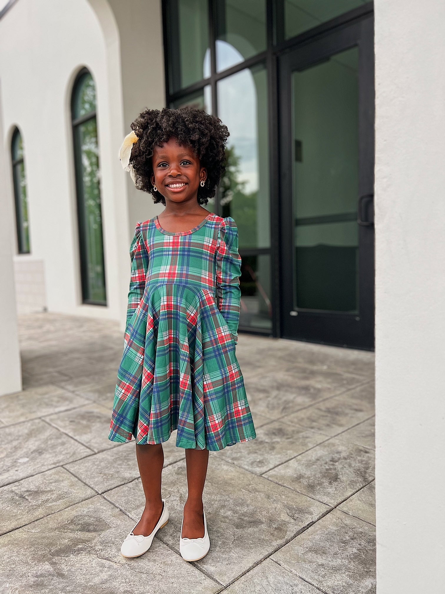 Festive Plaid Puff Sleeve Twirl Dress