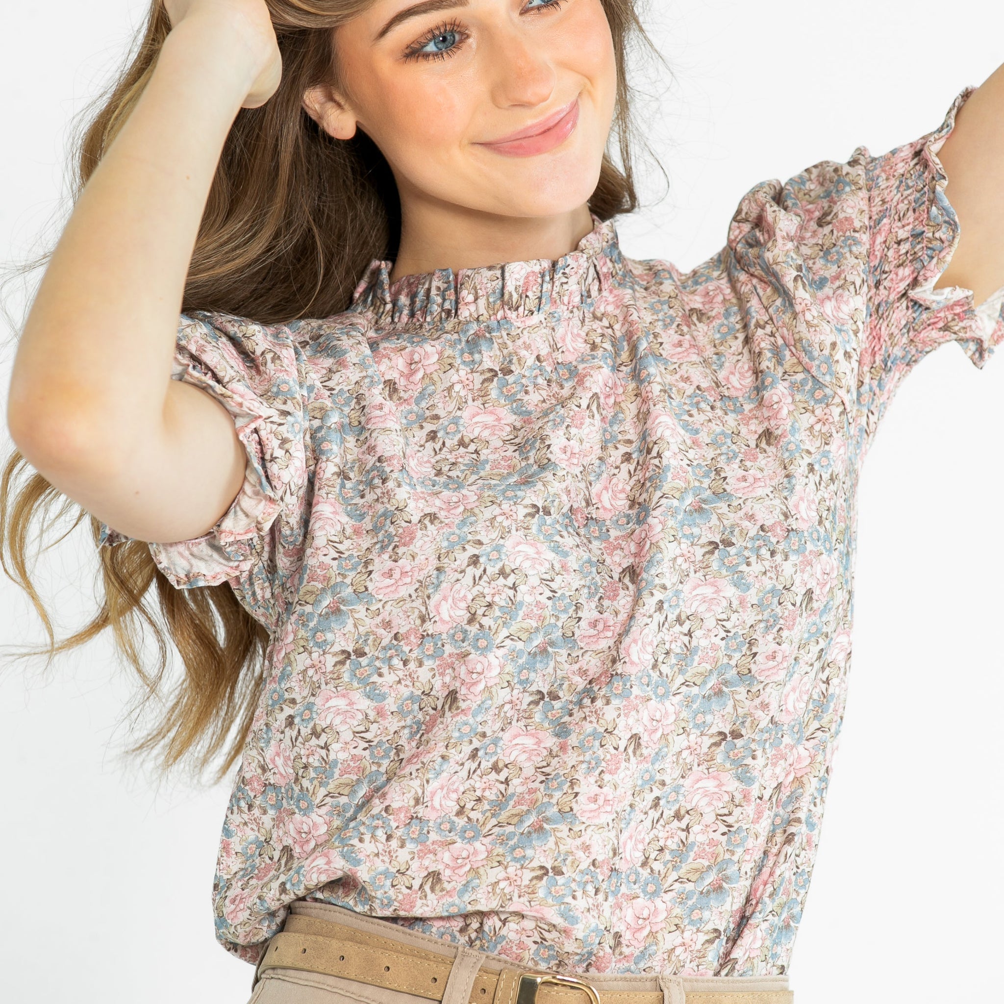 Clara Floral Ruffle Mockneck Short Sleeve Top - FINAL SALE