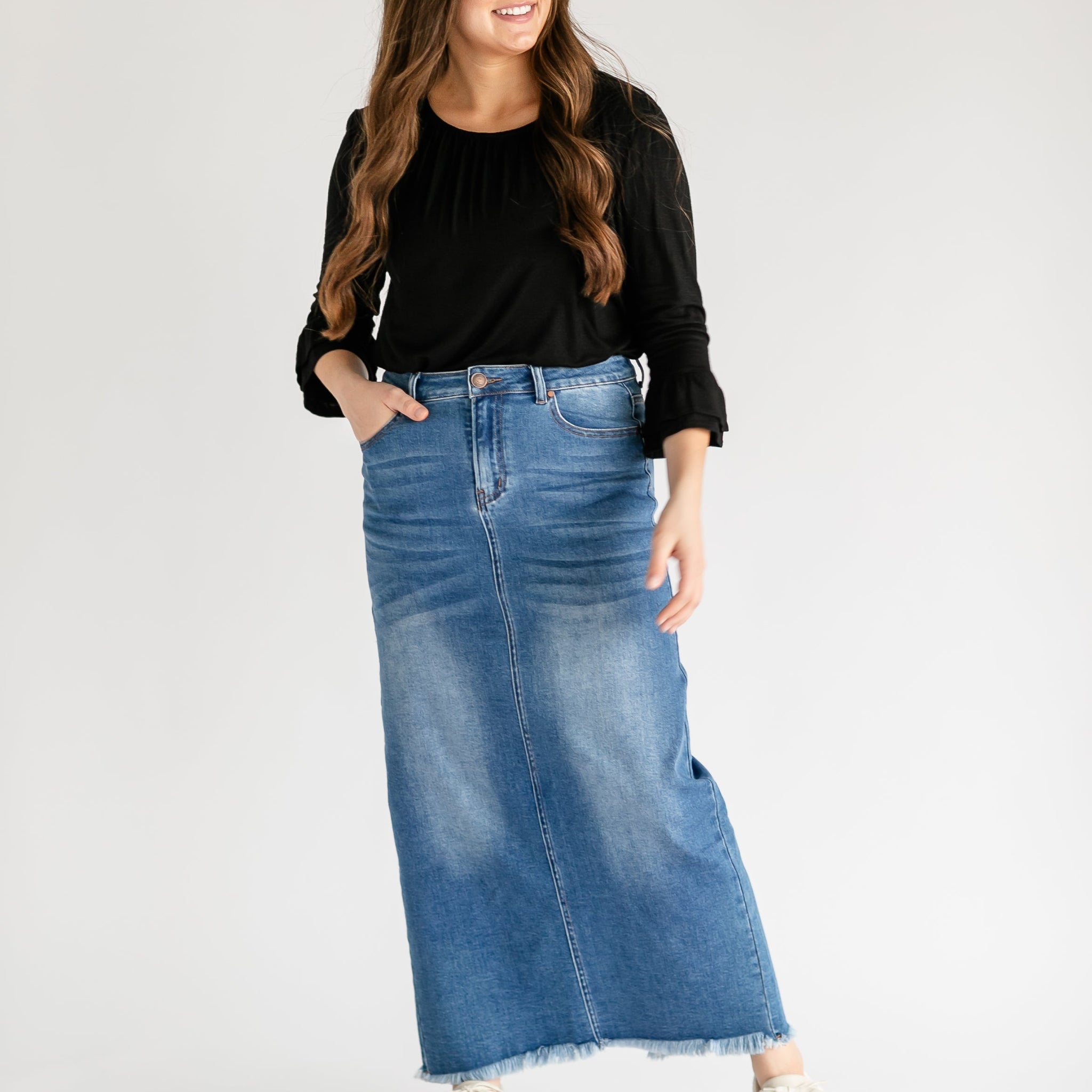 Dakotah Raw Hem Long Denim Skirt