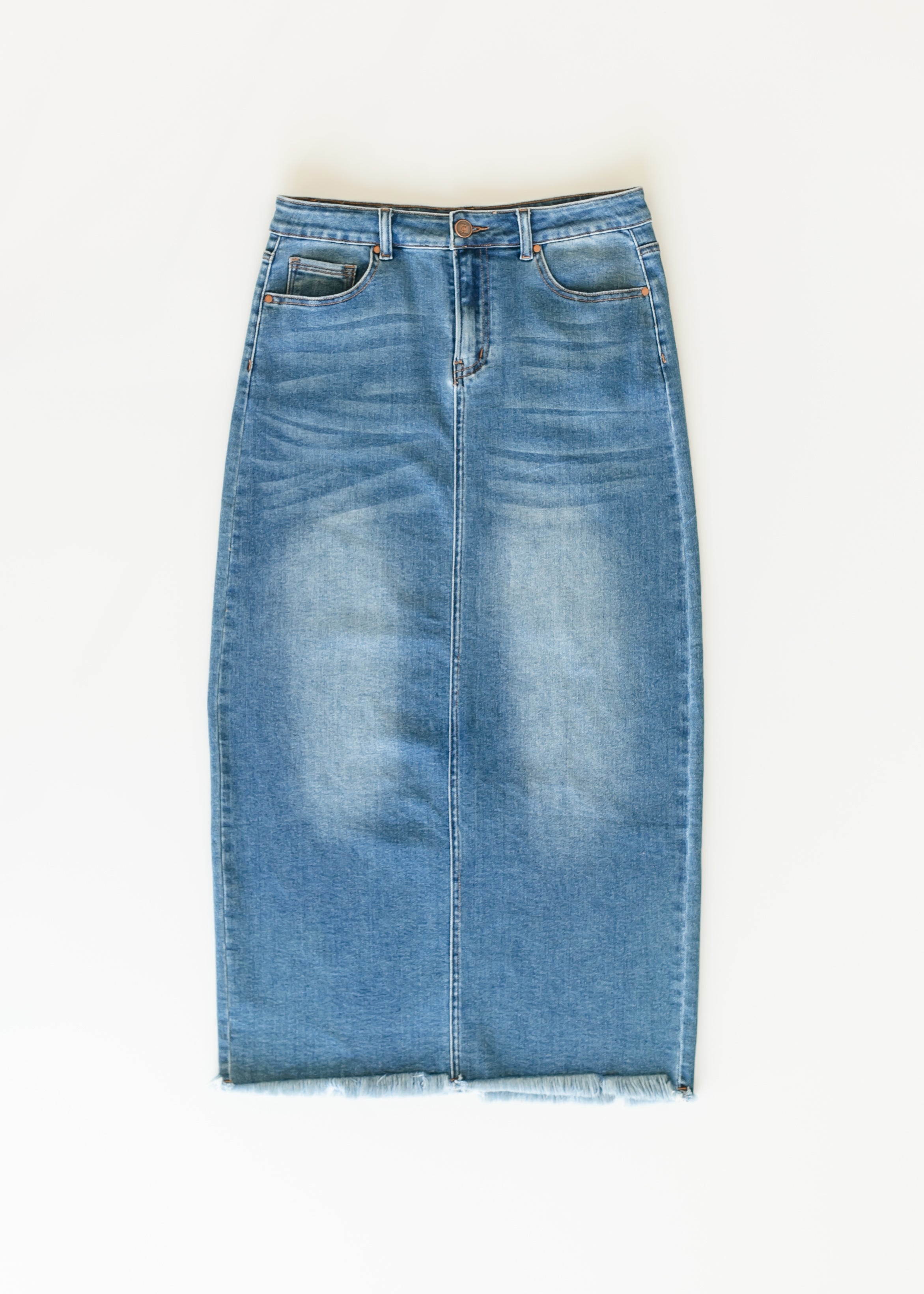 Dakotah Raw Hem Long Denim Skirt