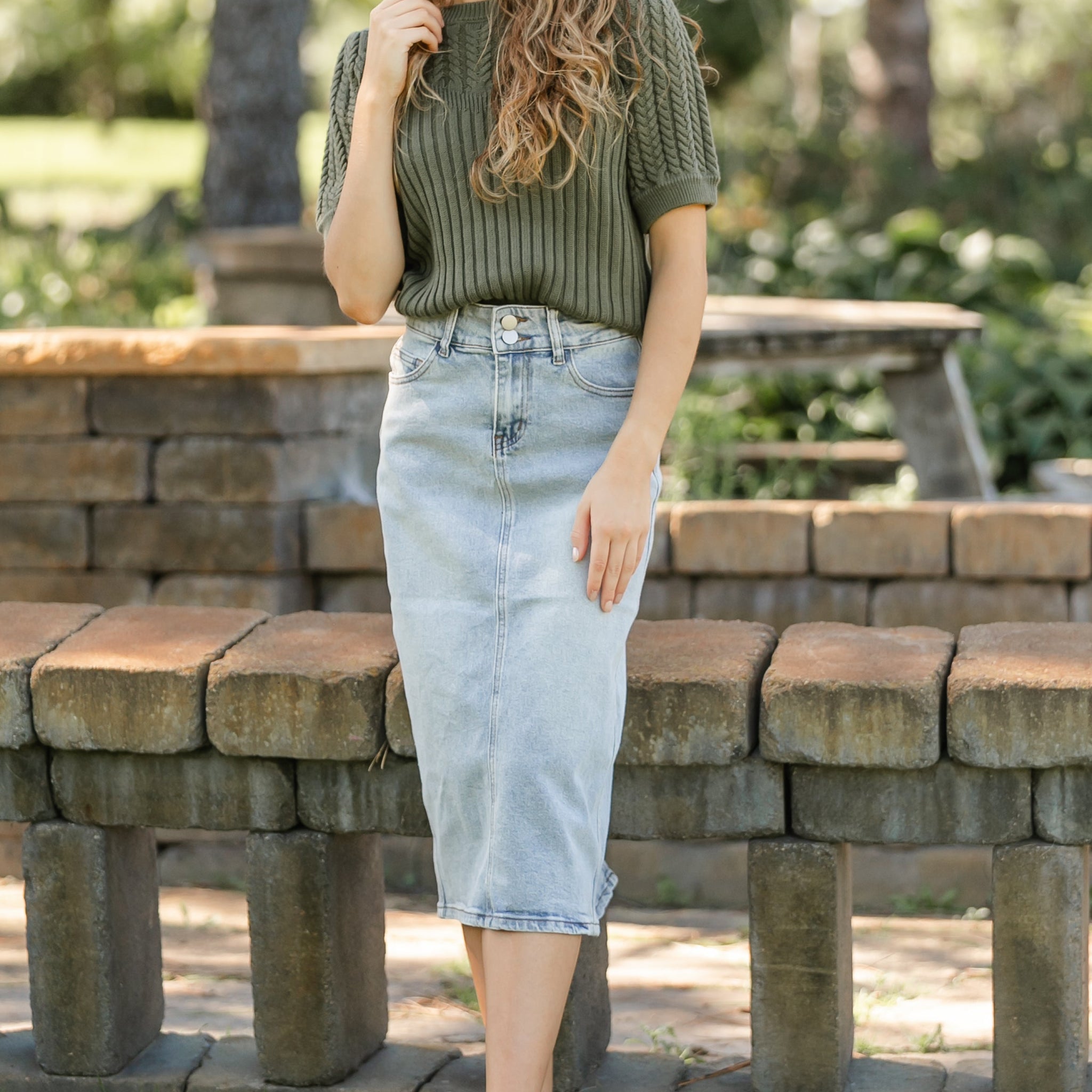 Greta Light Wash Midi Denim Skirt