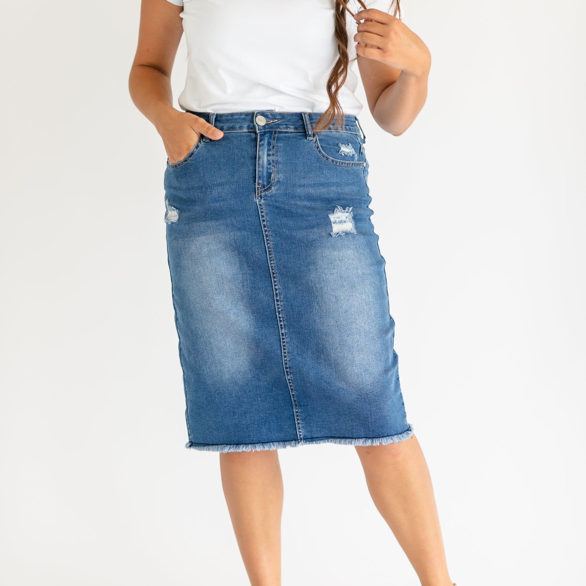 Hadley High Rise Denim Midi Skirt