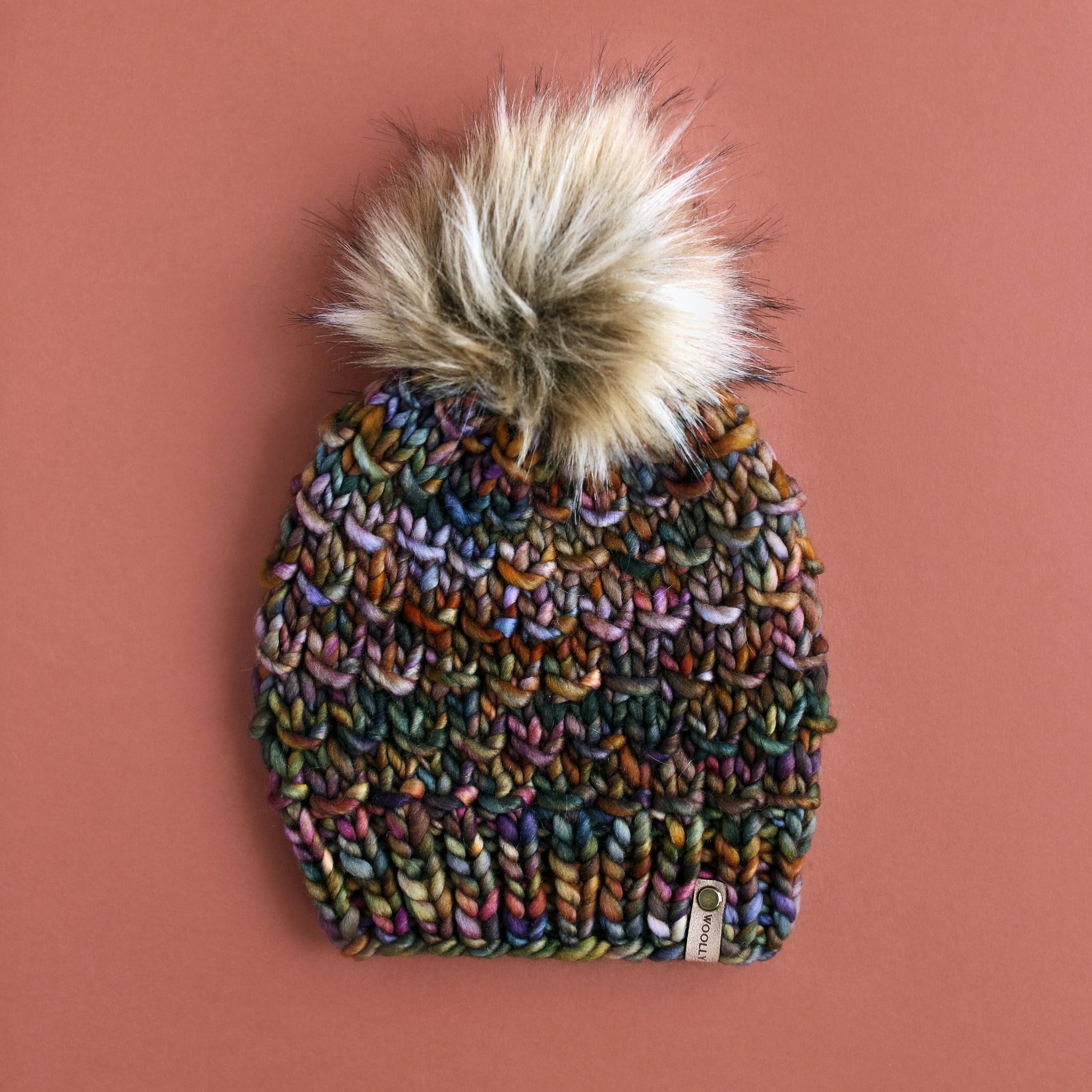 Brown Multi-Color Merino Wool Knit Hat with Faux Fur Pom Pom