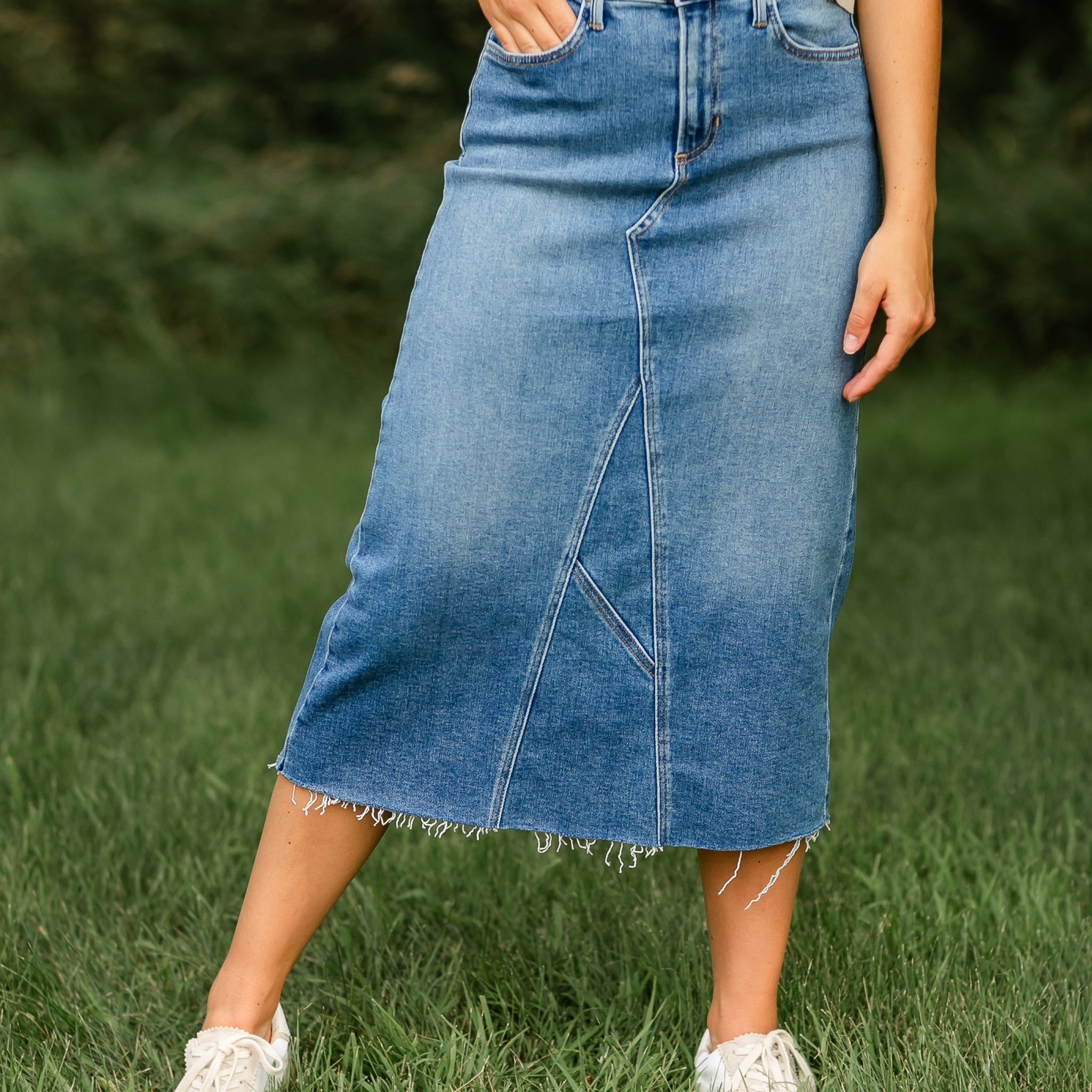 Lee A-Line Raw Hem Midi Skirt