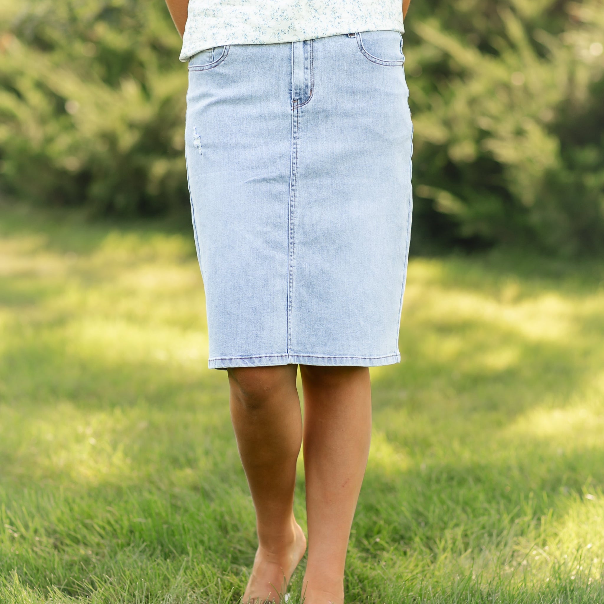 Maelia Distressed Denim Midi Skirt