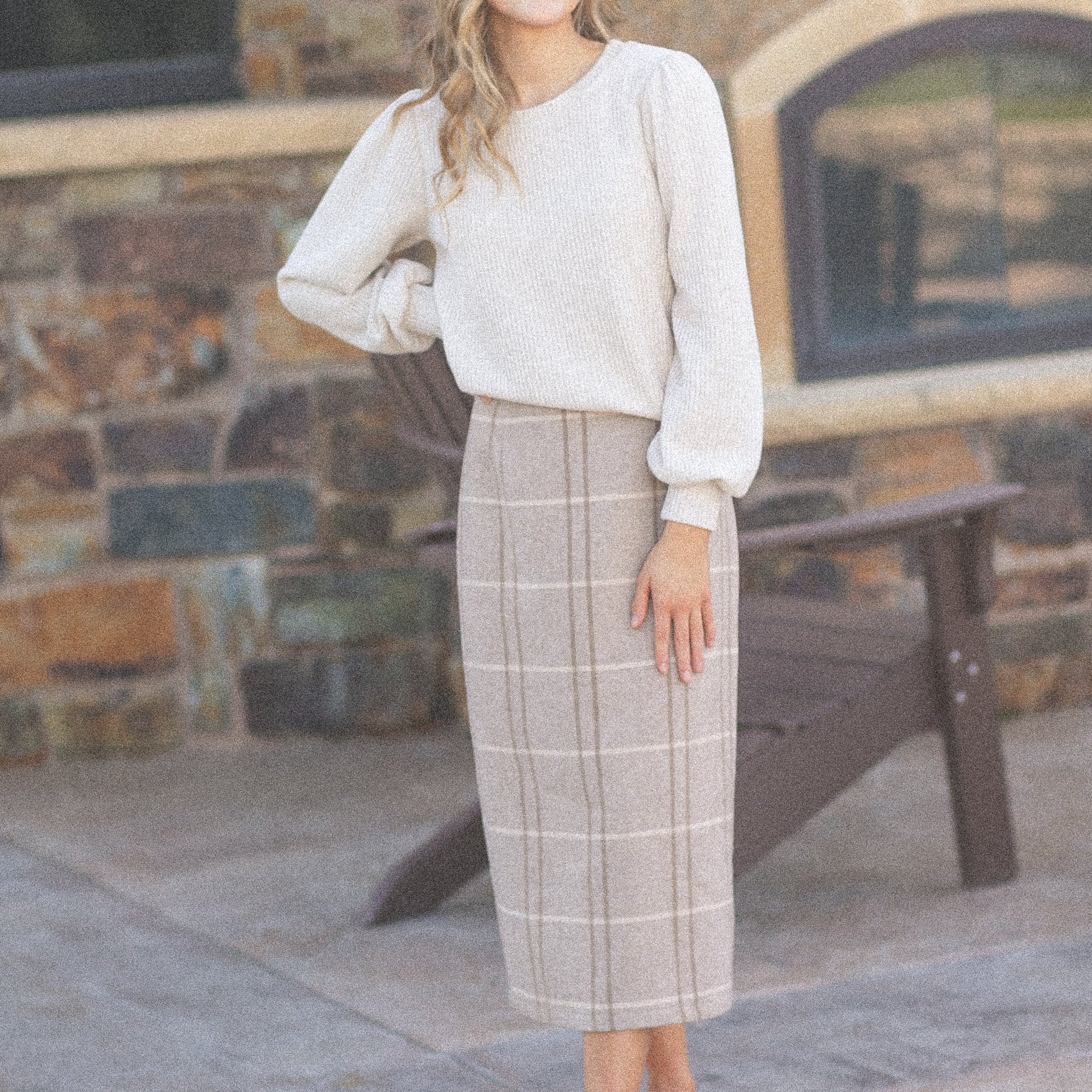 Calista Plaid Wool Midi Pencil Skirt
