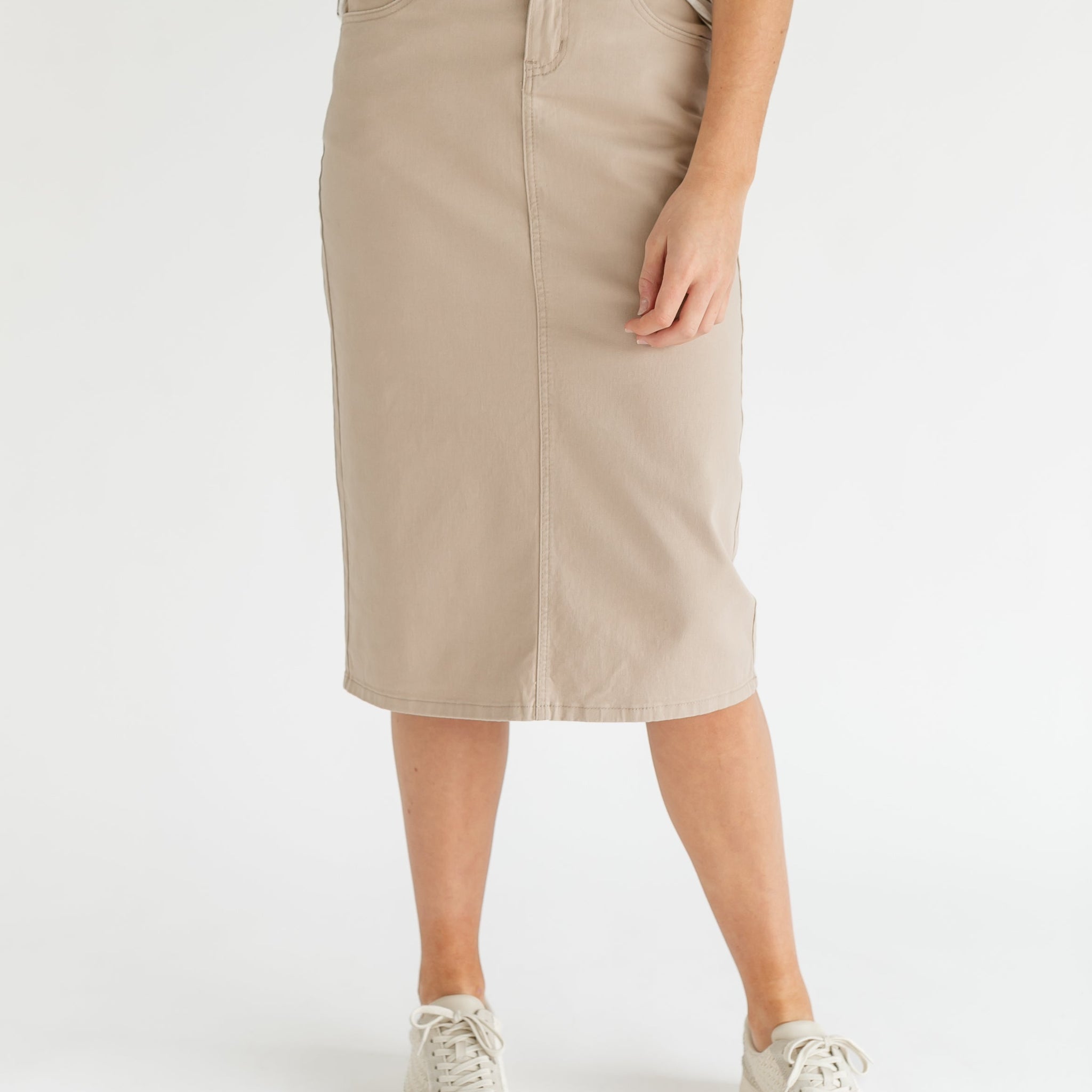 Remi Simply Taupe Denim Midi Skirt